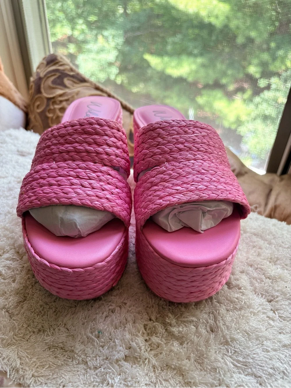 Wild Pair Hot Pink Woven Platform Slide Heels
